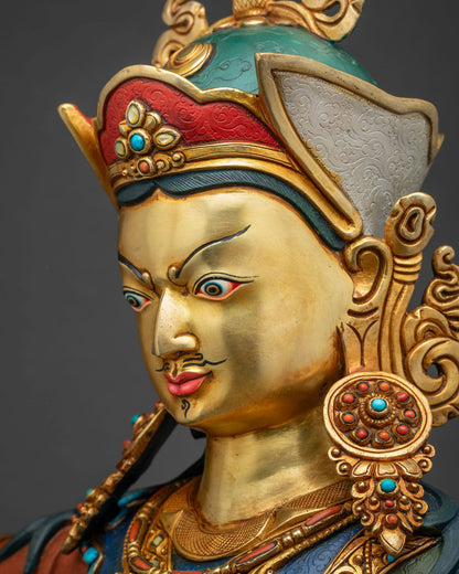Padmasambhava statue side profile face close-up, serene expression detail