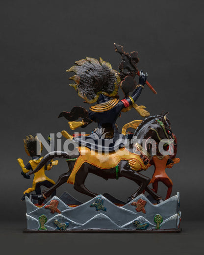 Palden Lhamo Dharma Protector Statue Riding Mule with Khatvanga and Skull Cup.