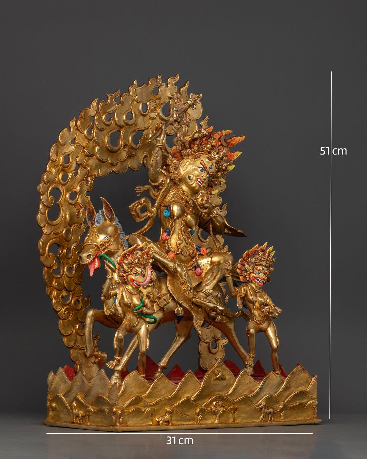 Palden Lhamo Goddess Riding a Mule with Wrathful Attendants and a Blazing Flame Halo