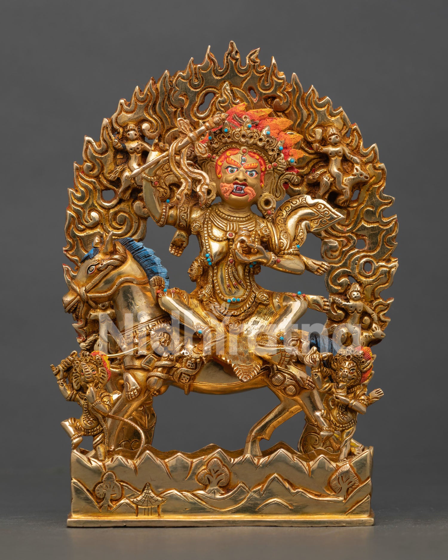 Palden Lhamo Statue Front View with Gold Fire Gilded Copper and Sacred Mule