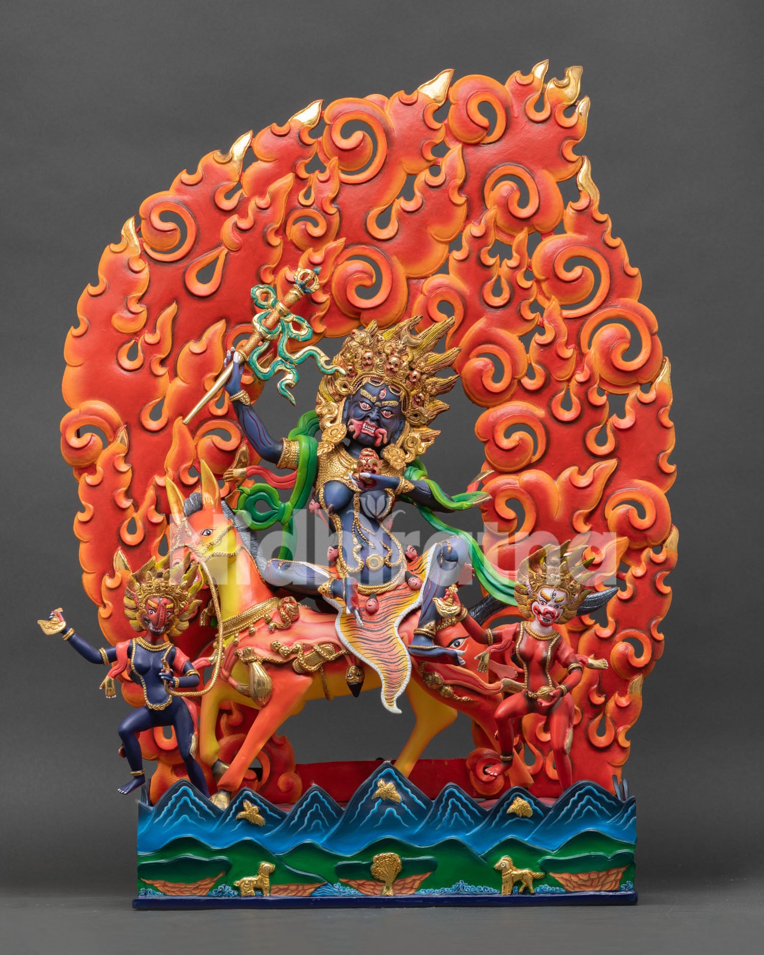 Palden Lhamo Statue Front View with Gold Gilded Finish and Vibrant Acrylic Details