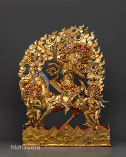 Palden Lhamo Statue in Gold Fire Gilded Copper as a Tibetan Buddhist Dharma Protector