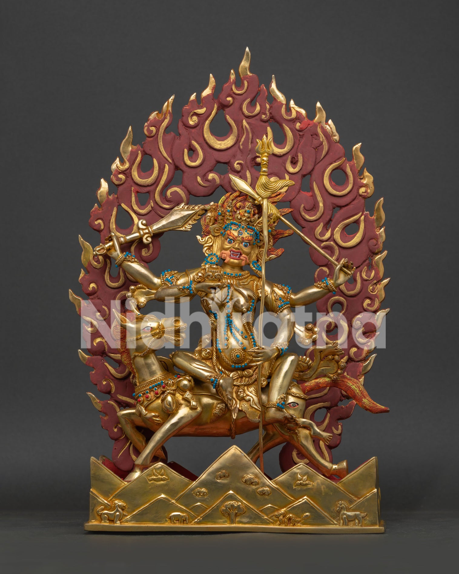 Palden Lhamo Statue handcrafted in Nepal with 24K gold fire gilded copper front view