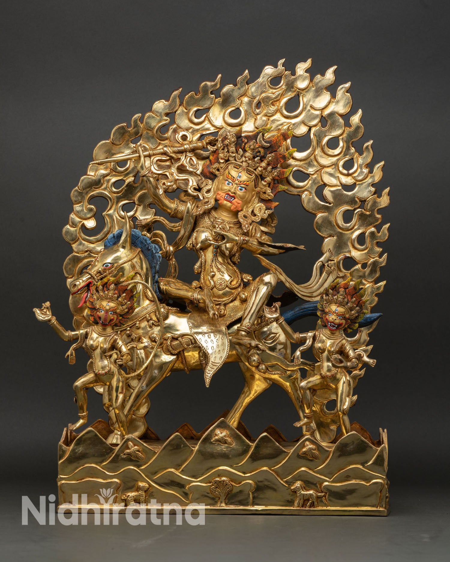 Palden Lhamo Statue on Mule Front View, Gold Gilded Copper Protector Nepal