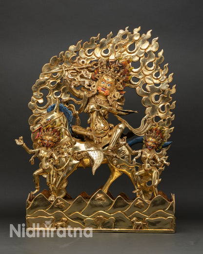 Palden Lhamo Statue on Mule Front View, Gold Gilded Copper Protector Nepal