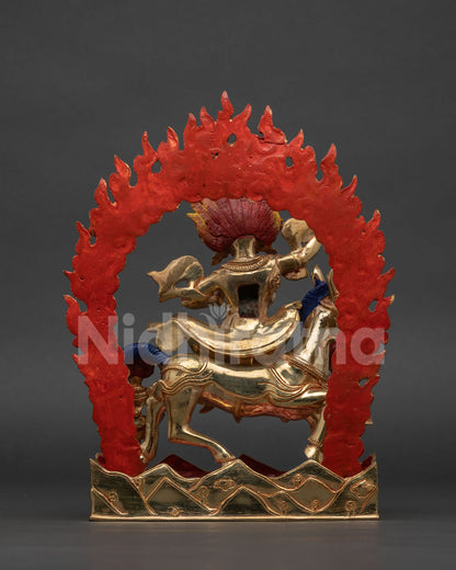Palden Lhamo statue with blazing flame halo for Buddhist altar.
