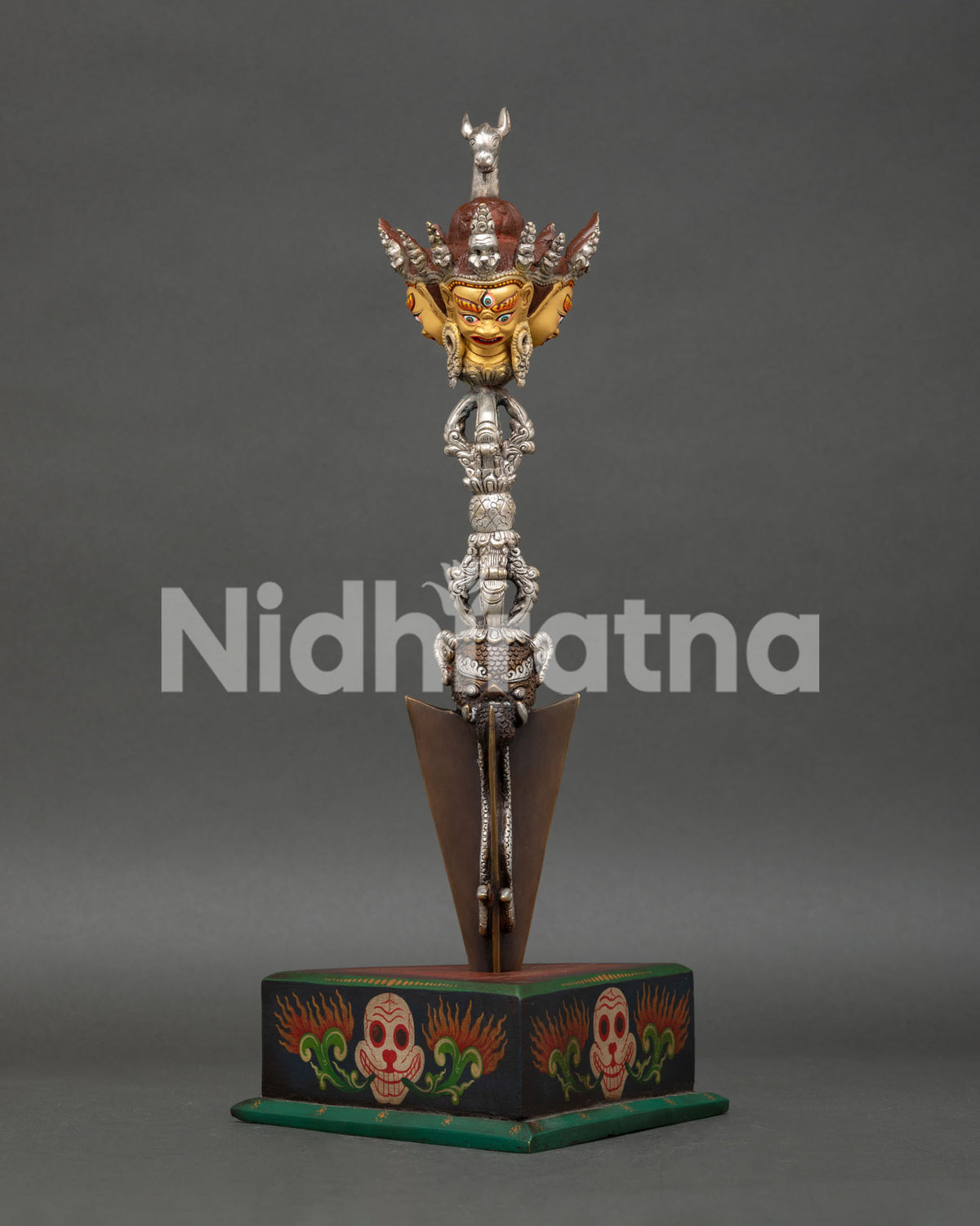 Phurba Vajrakilaya ritual dagger with three wrathful gold painted heads