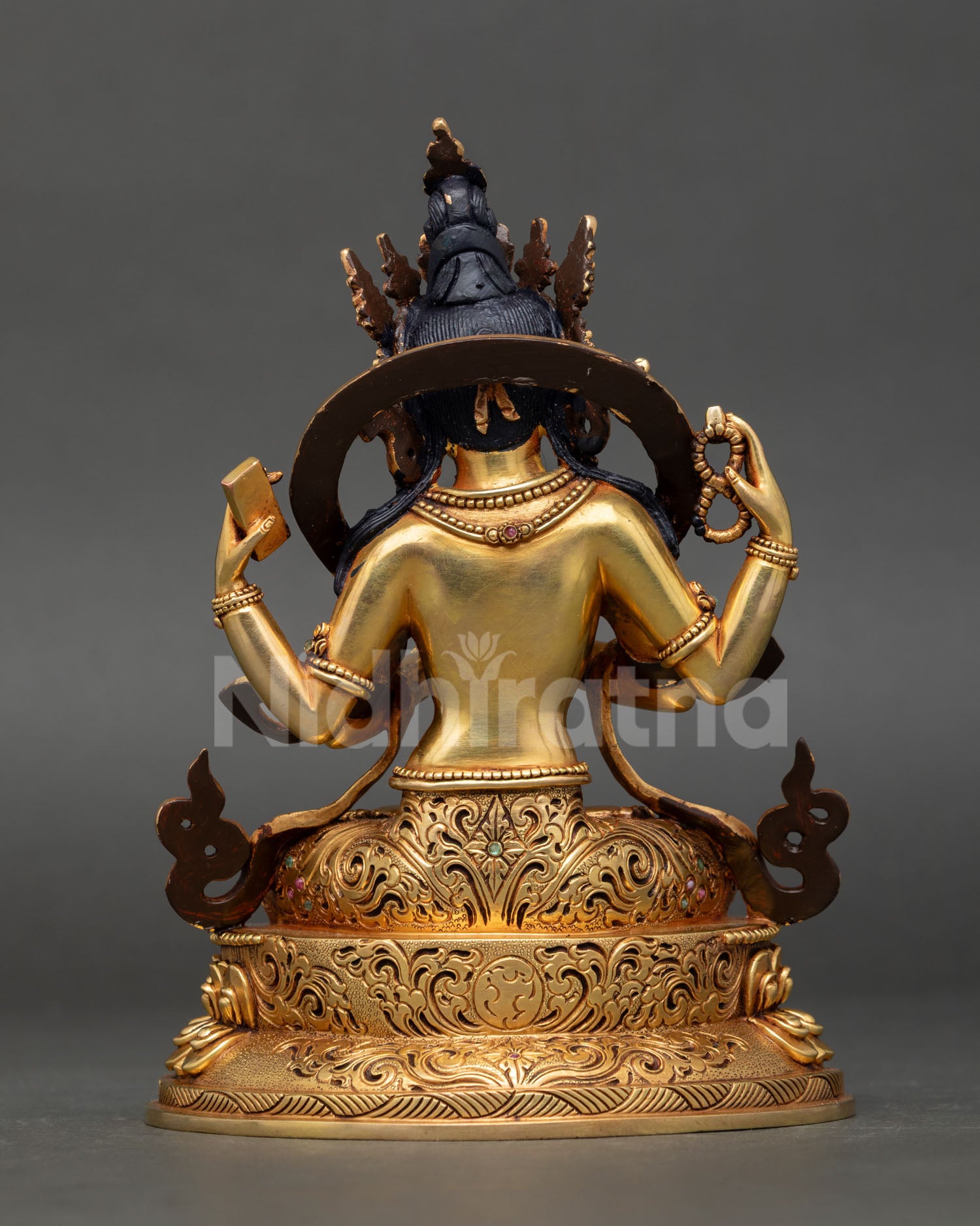 Prajnaparamita Copper Gilt Statue Back View, Lotus Throne Halo Himalayan Buddhist Art