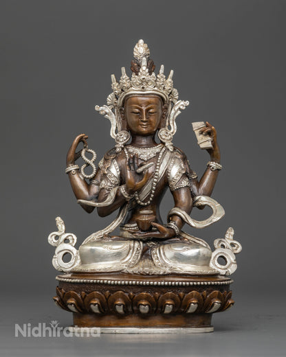 Prajnaparamita statue handcrafted from copper with oxidized and silver plated finish