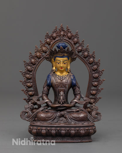precision-crafted amitayus statue front view with gold-plated face and oxidized copper body