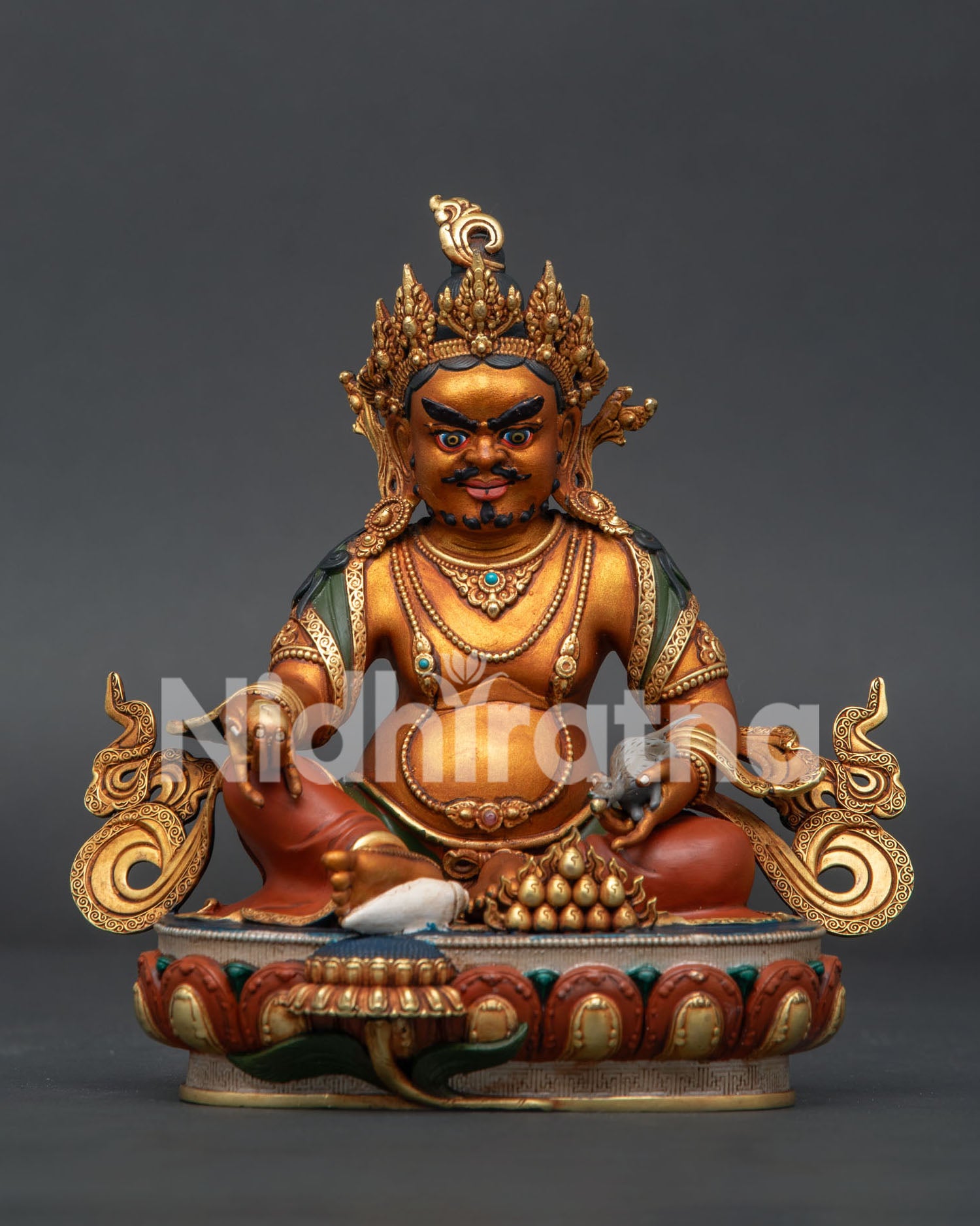 Premium 24K Gold-Gilded Dzambhala Statue Front View Buddhist Wealth Deity Sculpture