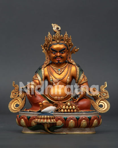 Premium 24K Gold-Gilded Dzambhala Statue Front View Buddhist Wealth Deity Sculpture