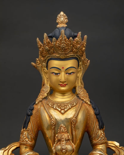 Premium Amitayus Buddha Gold Painted Face with Turquoise and Coral Close Up.