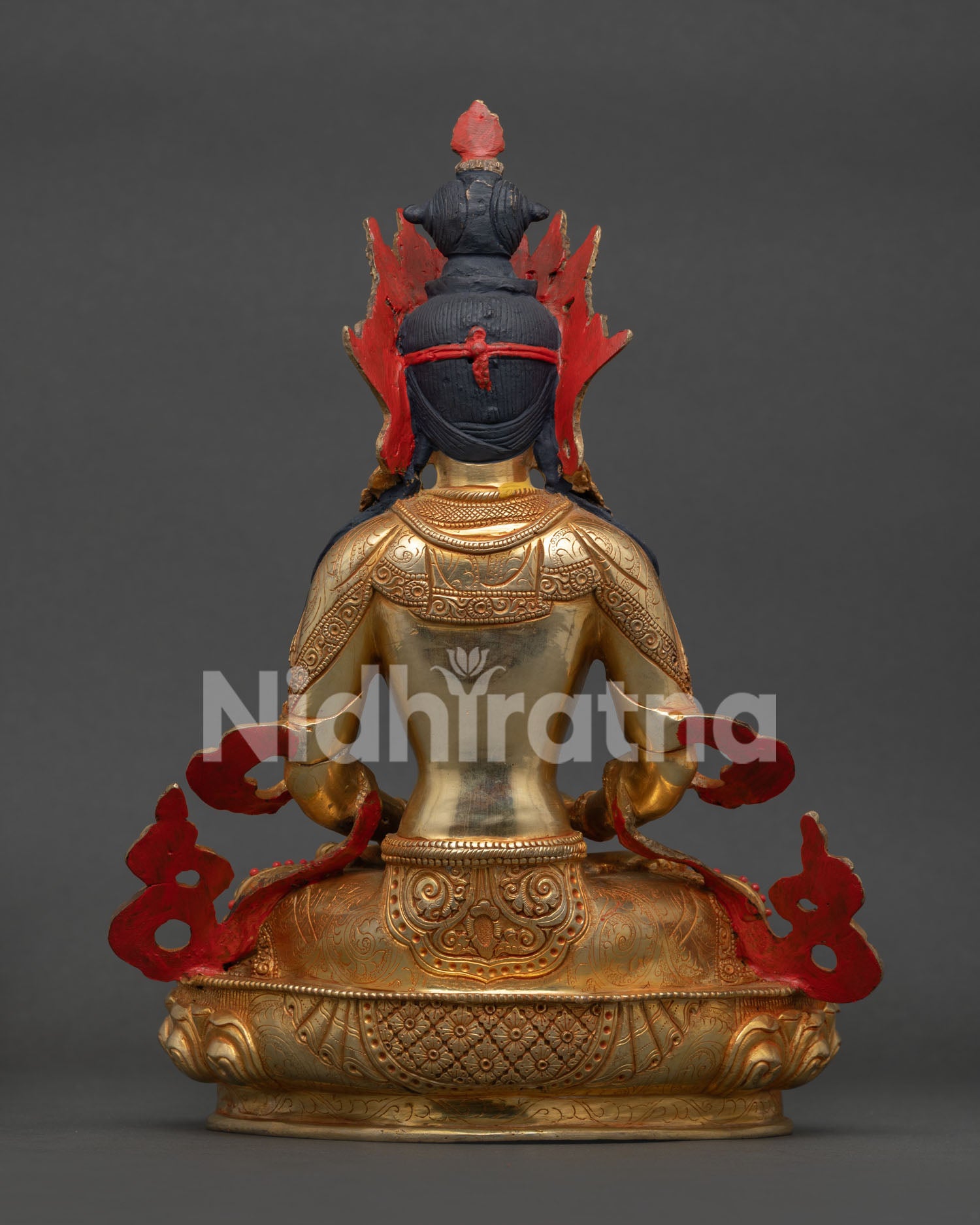 Premium Amitayus Buddha Statue Back View with Flowing Hand Carved Robes.