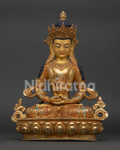 Premium Amitayus Buddha Statue Front View with Gold Fire Gilded Copper Finish.