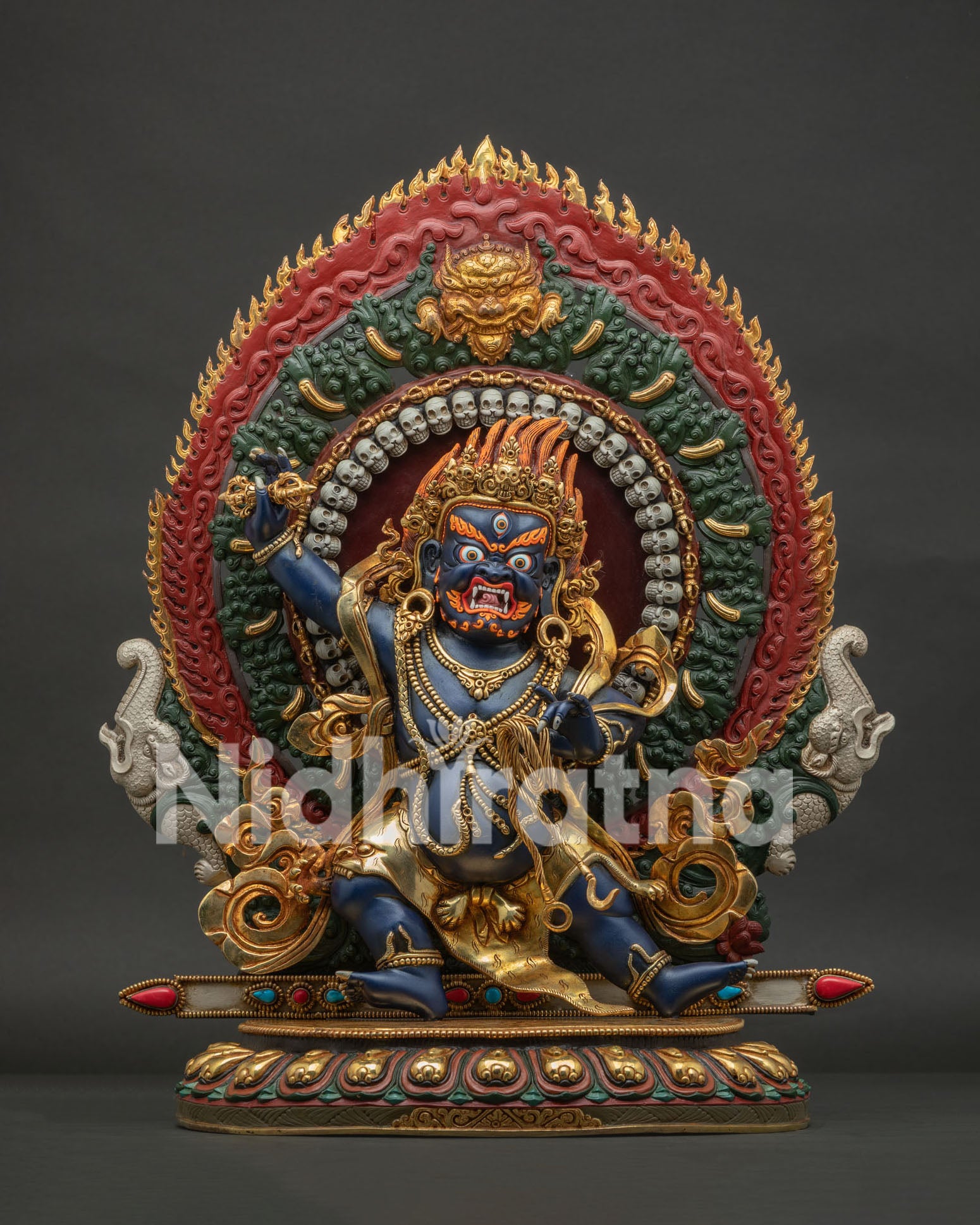 Premium Vajrapani statue from Nepal, copper sculpture with 24K gold gilding and lotus base