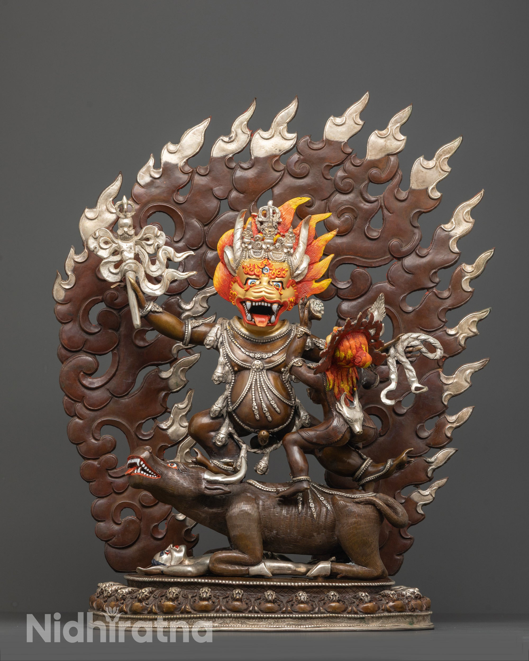 premium yamantaka consort statue front view with gold-gilded faces and silver halo