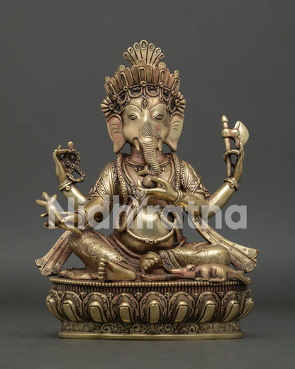 Pure copper Lord Ganesh statue front view, handcrafted in Nepal using lost wax method.