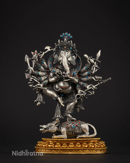 Pure silver Ganesh statue with ornate diadem semi precious stones and traditional Nepalese craftsmanship