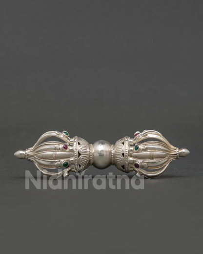 Pure silver Tibetan Vajra with intricate patterns symbolizing spiritual wisdom