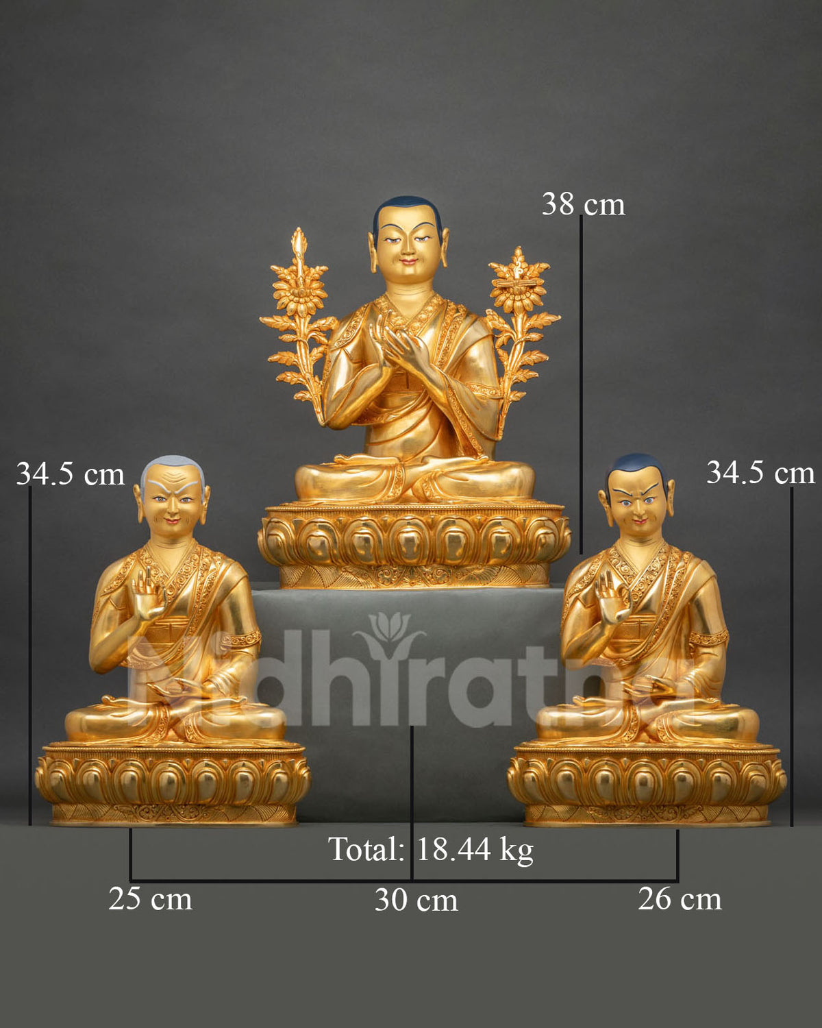 Radiant 24K gold Je Tsongkhapa trio seated upon lotus pedestals in a serene, meditative composition