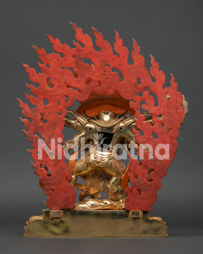 Radiant flame aureole and exceptional Newari craftsmanship on this handcrafted Six-Armed Mahakala sculpture