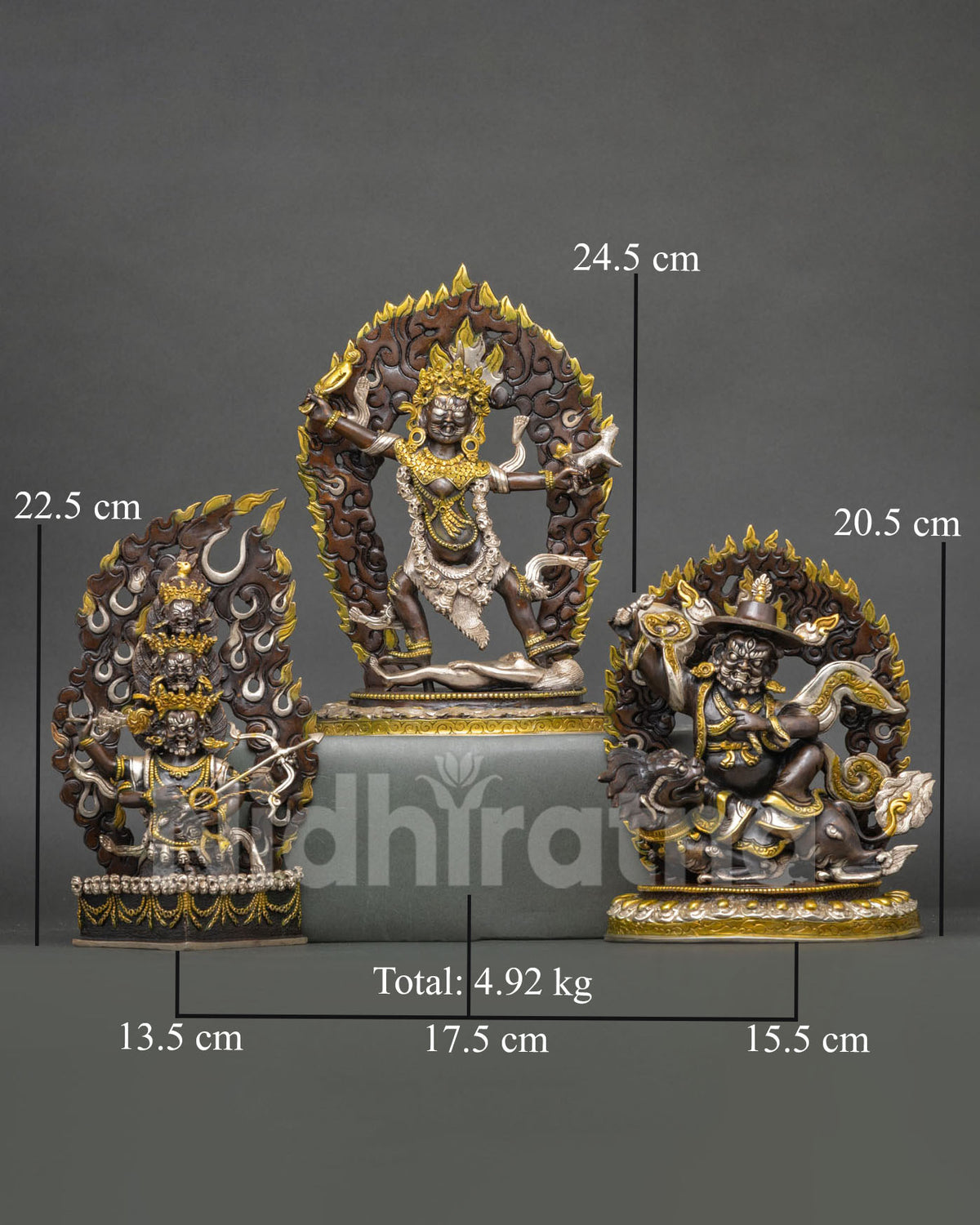 Rahula, Ekajati and Dorje Legpa wrathful statue set with dimensions in cm, oxidized copper