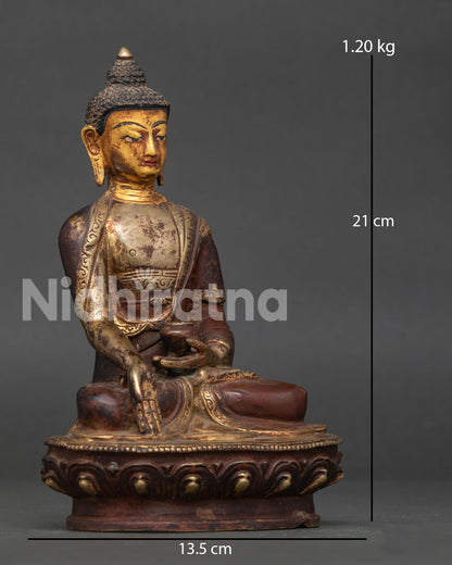Ratnasambhava Buddha Seated on Handcarved Lotus Pedestal with Sacred Bowl.