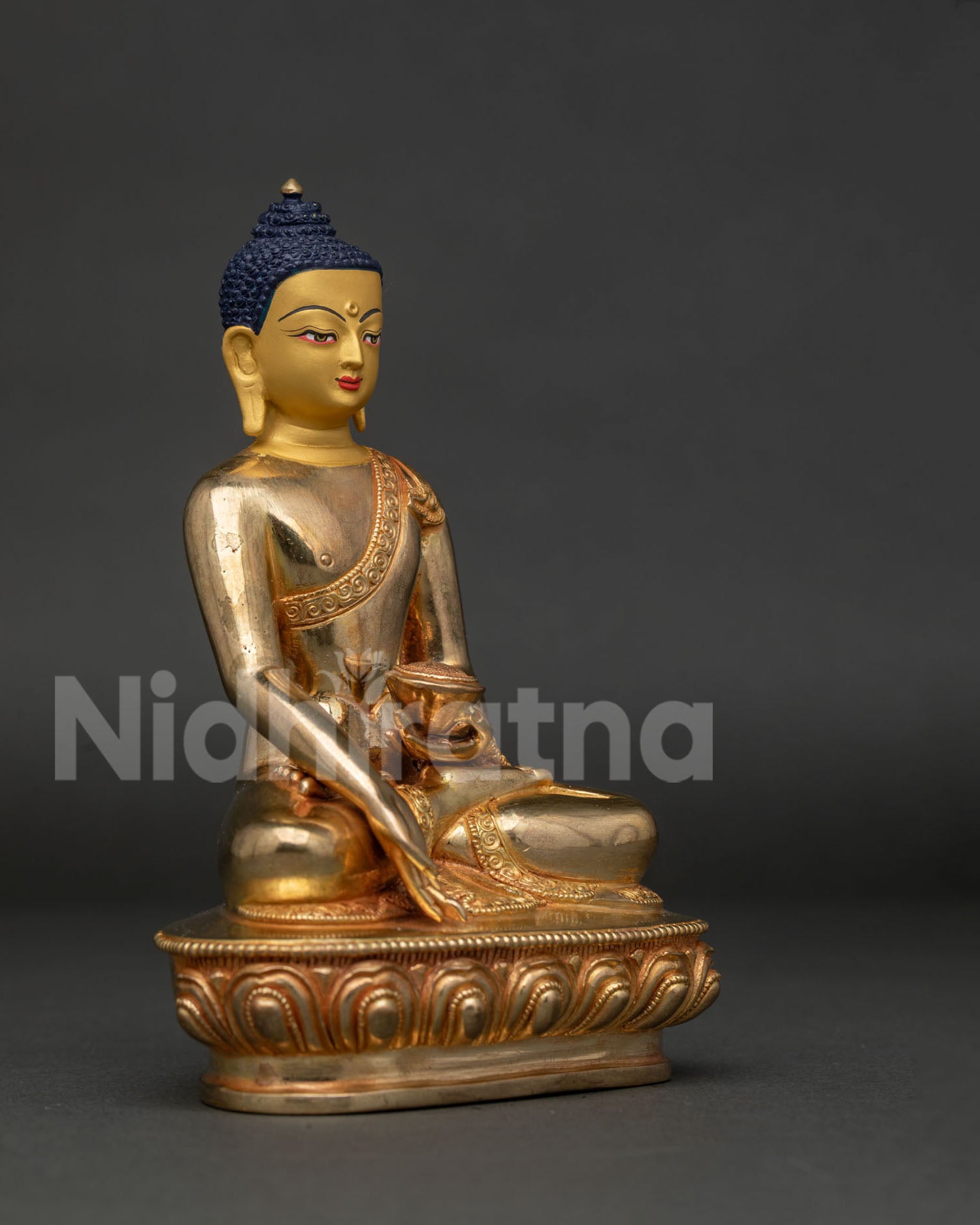 Ratnasambhava Buddha Statue Side View with Lotus Pedestal and Hand Carved Monk Robe.
