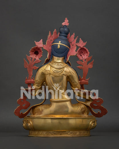 Rear back view of Green Tara copper sculpture displaying carved double lotus pedestal