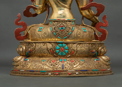 Rear lotus pedestal detail showing traditional Himalayan metalwork and decorative motifs