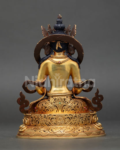 Rear view of Amitayus Statue highlighting detailed robe and artisan craftsmanship