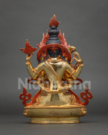 Rear view of Chenrezig Yab-Yum statue showing painted halo and gilded lotus base