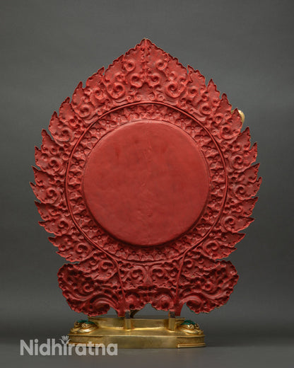 back-view, rear view of machig-labdron statue with ornate halo, painted details, engraved robes and sacred lotus-base structure