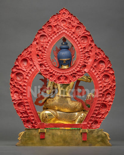 rear view of manjushri statue, detailed halo back design and copper gold gilded finish