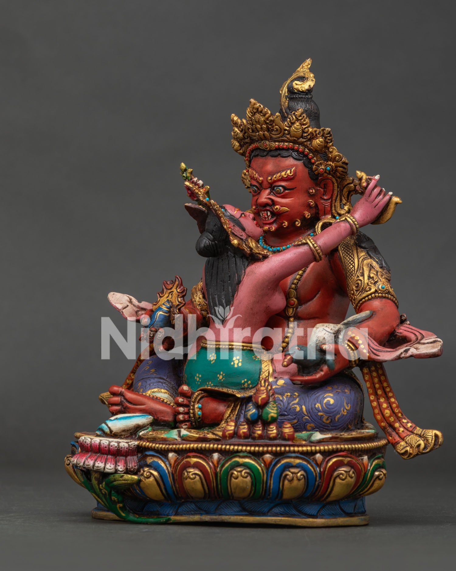 Red Dzambhala Yab Yum Statue left view side with gold gilded deity details