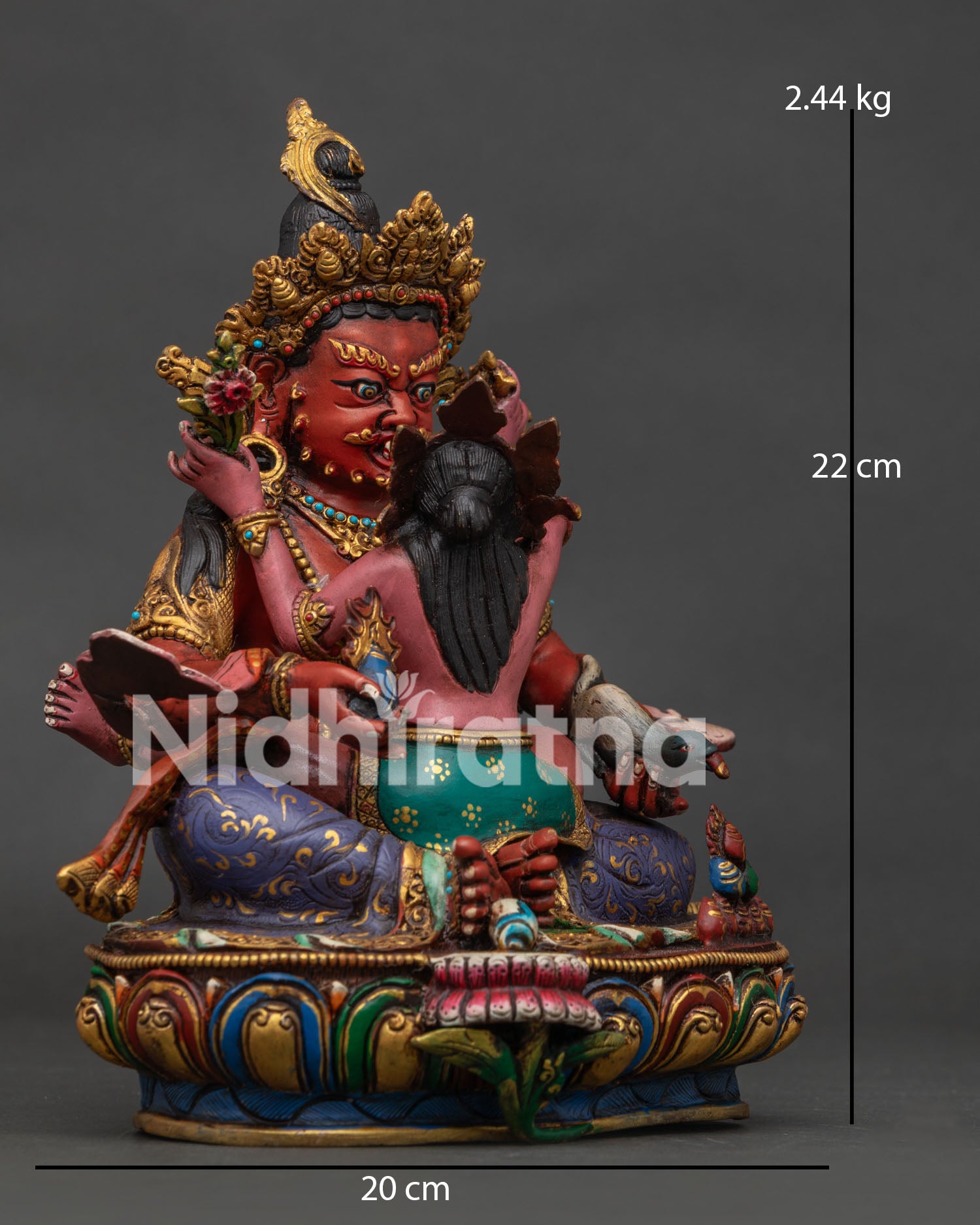 Red Dzambhala Yab Yum Statue right view side showing copper craftsmanship