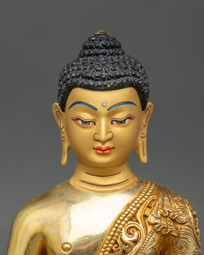Regular close-up of Amitabha Buddha statue showing full lotus seat and gold detailing
