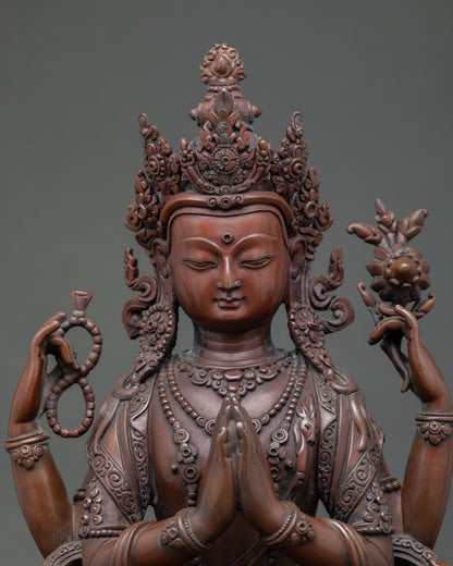 Regular close up of Chenrezig Avalokiteshvara statue showing handcrafted copper details