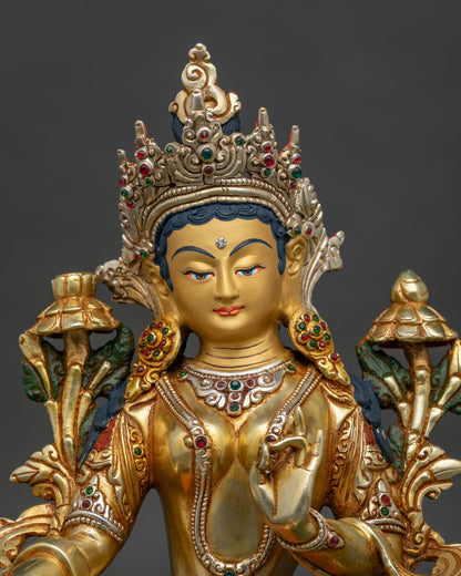 regular close up green tara buddhist statue with semi precious stones