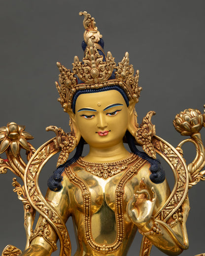 Regular close-up of Green Tara Statue showing copper and gold handcrafted details