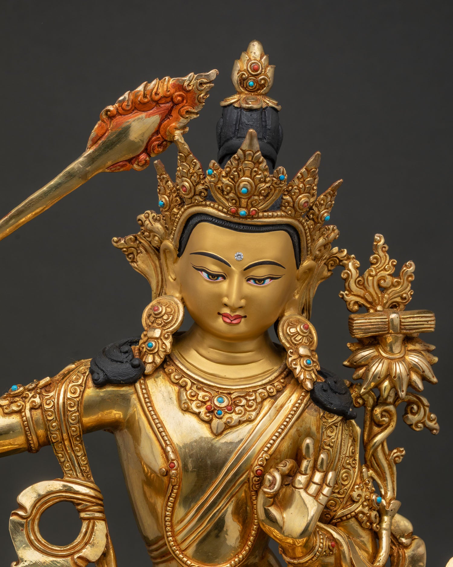 Regular Close Up Manjushri Statue with 24K Gold Fire Gilding and Semi Precious Stones