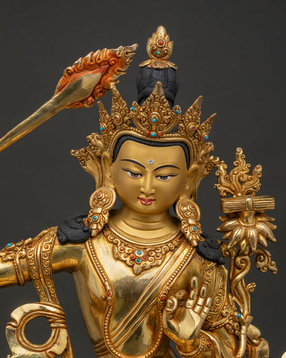 Regular Close Up Manjushri Statue with 24K Gold Fire Gilding and Semi Precious Stones