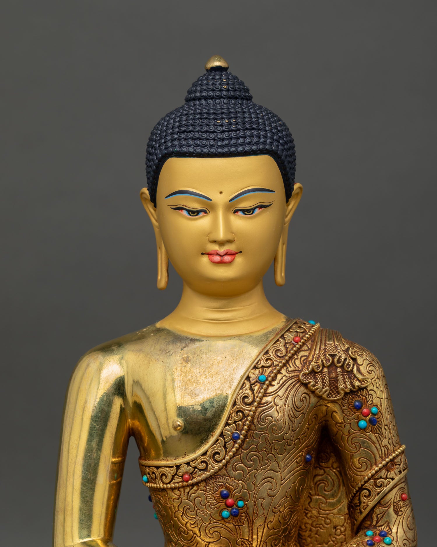 regular close up of amitabha buddha statue showing serene meditative posture