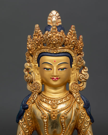 regular close up of amitayus statue handcrafted copper buddhist artwork with gold gilded details