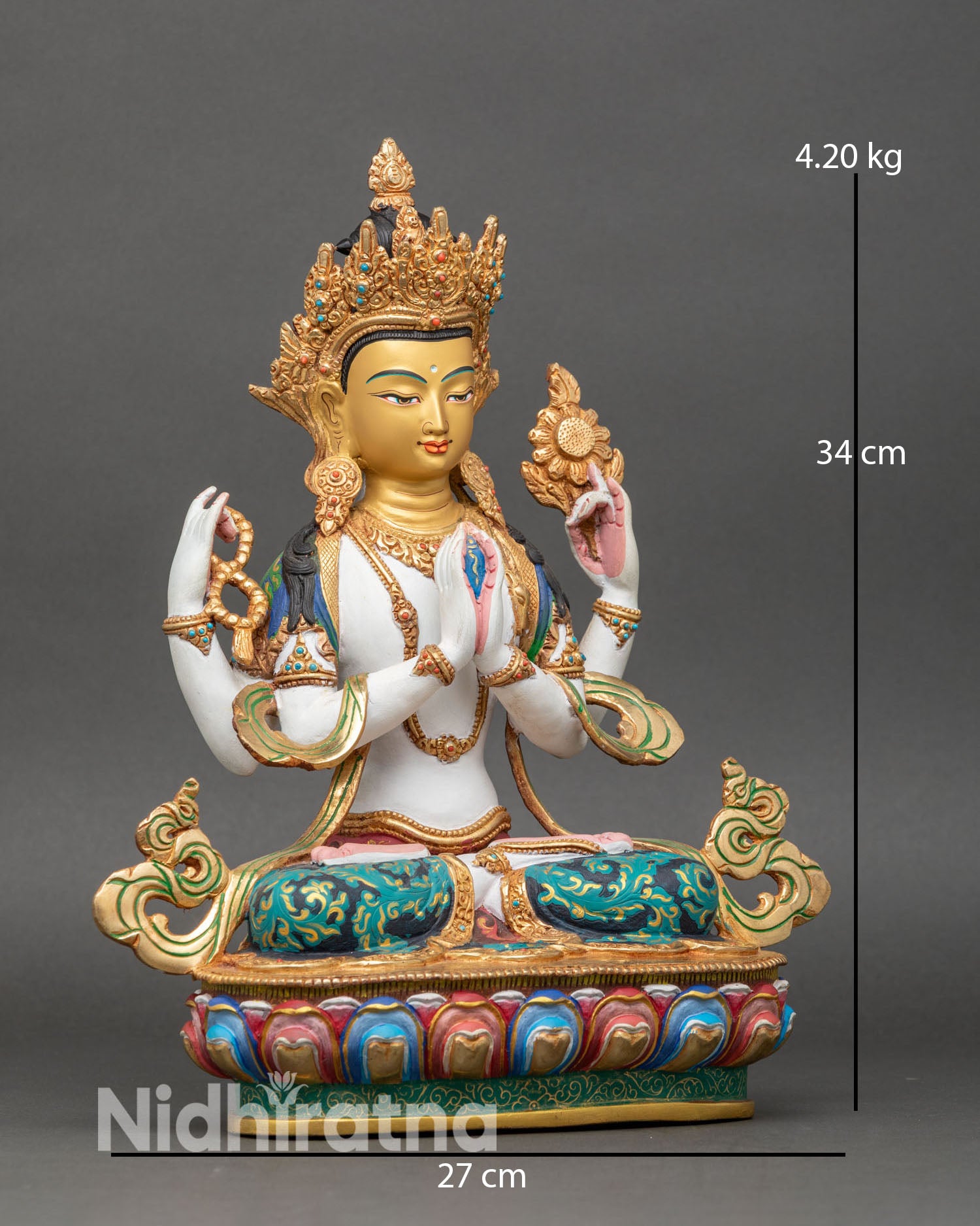 regular close-up of chenrezig bodhisattva sculpture showing copper and acrylic details