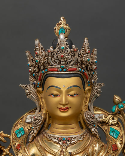 Regular close-up of Chenrezig Bodhisattva, serene gold-painted face and four arms