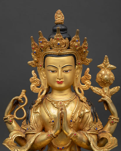 regular close-up of chenrezig statue showing detailed copper and gold craftsmanship
