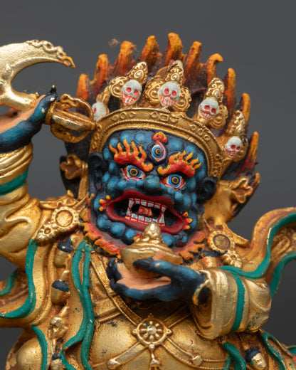 Regular close-up of Mahakala Bernagchen Statue showing gold-gilded copper detailing and sacred ornaments from Nepal