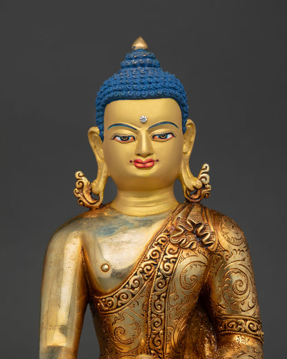regular close up of shakyamuni buddha statue, copper alloy with layered gold fire-gilding details